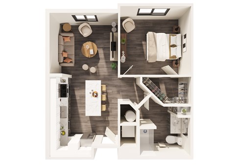 Floor plan for 1 bed, 1 bath, 735 sqft
